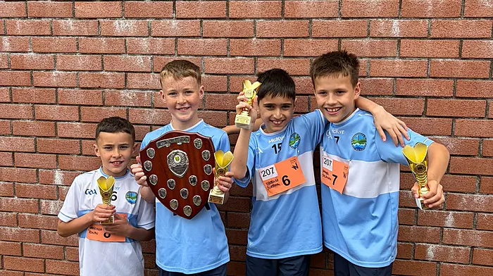 The Reenascreena National School’s boys’ relay team who came 1st at Cork City sports. From left: Darragh Ronan, Colin Ronan, Vikram Sikora and Daniel Callanan.