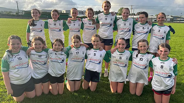 Ilen Rovers U12 girls were delighted to get their street league started with a very competitive match against Dunmanway. Back: Aoife Cadogan Pyburn, Ella May Jennings, Edie Reilly, Rathnaid Whooley, Ciara Cottrell, Emma Keohane, Eirinn O’Driscoll and Ella Keane. Front: Ina O’Driscoll, Ella Coakley, Mila Browne, Orlaith Brennan, Méabh Collins, Hannah Sheehy, Nell McCarthy and Emma O’Driscoll.