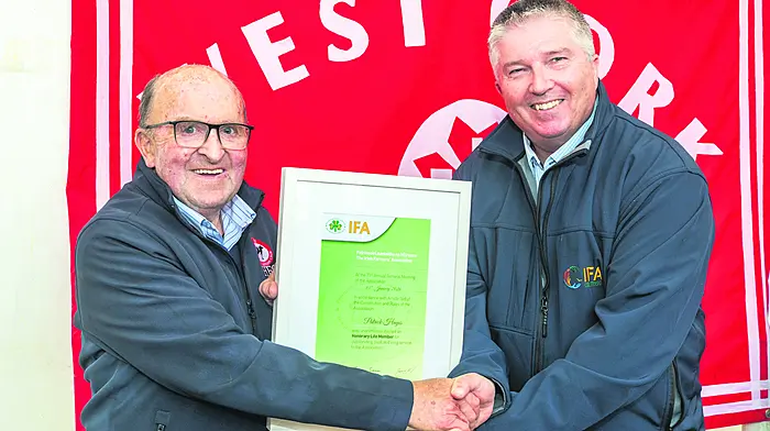 Patrick Hayes, longstanding member of the IFA, received an Honorary Life Membership at Clonakilty Agricultural Show on Sunday 7th June. Conor O'Leary, Munster Regional Chair for IFA, presented Patrick with the award. (Photo: Andy Gibson)
