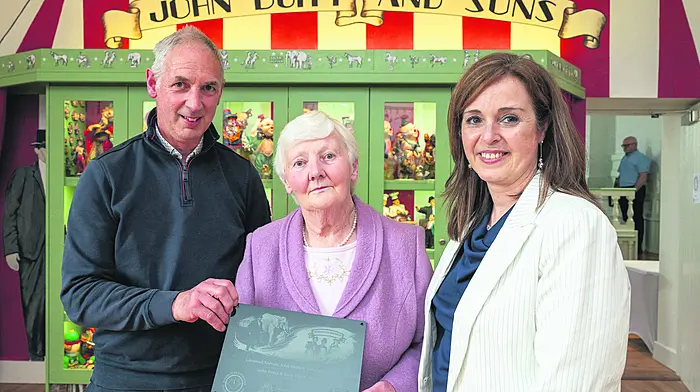 Richard Galvin and his mother Jennie Galvin, owners of the Circle K Service Station in Dunmanway and Michelle O’Mahony, history consultant hold a plaque with details about Duffy’s Circus which used to be based on the site of the service station at the launch of Stories on the Street, a community heritage project celebrating the people, places, and memories of Dunmanway.
Photo John Allen