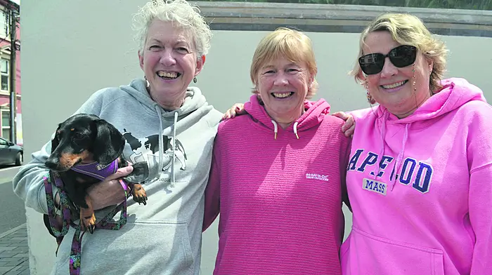 Helen Mitchell, Joan Barrett and Helen Behan with the lovely Paris enjoying their Saturday morning  in Skibbereen.  Photo; Anne Minihane.
