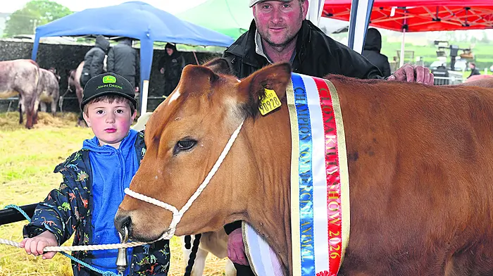 James (left) and Trevor Deane from Dunmanway with the overall commercial champion at the Clonakilty Agricultural Show.   (Photo: Martin Walsh)