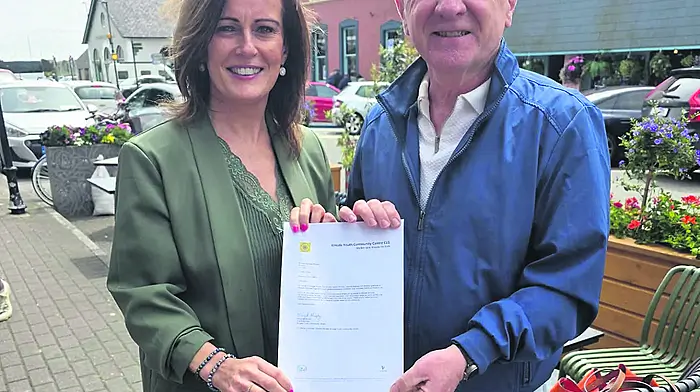 Kinsale Youth Community Centre (KYCC) expressed thanks to Kinsale Rampart Players for their generous donation of €3,325 which was raised through the spot prize raffle at their recent pantomime. At the presentation of funds were Margaret Murphy (board member, KYCC) and John Collins (chairperson, Kinsale Rampart Players).