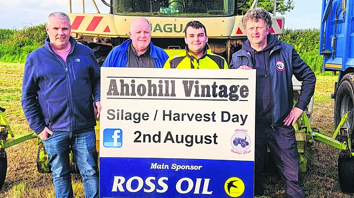 Preparations are well underway for the annual Ahiohill Vintage Club’s working day with the first cut picked up from the working field last Friday to make way for a considerable crop of silage for the August bank holiday. From left: Ralph O'Regan, Paddy Coffey, Ronan Coughlan, Jeremiah Lordan and Niall Helen operating the harvester.