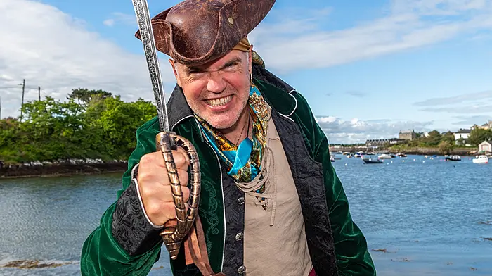 Baltimore, West Cork, Ireland. 19th Jun, 2026. The annual Baltimore Pirate Festival is taking place in the harbour town this weekend. A huge crowd of potential pirates took part in the parade on Friday evening. Stuart Musgrave from Baltimore looked the part. Picture: Andy Gibson.