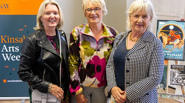 Dolores Shelly, Carmel Healy and Aileen Daly at the launch of the Kinsale Arts Weekend 2026 programme at the Temperance Hall in Kinsale. Celebrating its milestone 10th anniversary, the festival will run from July 9th to 12th with an extensive programme of over 50 events across opera, performance, dance, visual art, film and literature. This year the curated line-up is guided by the theme Immrama, an ancient Irish word for voyage tales where the sea serves as a living vessel for fate, memory and imagination.    (Photo: Michael O'Sullivan)