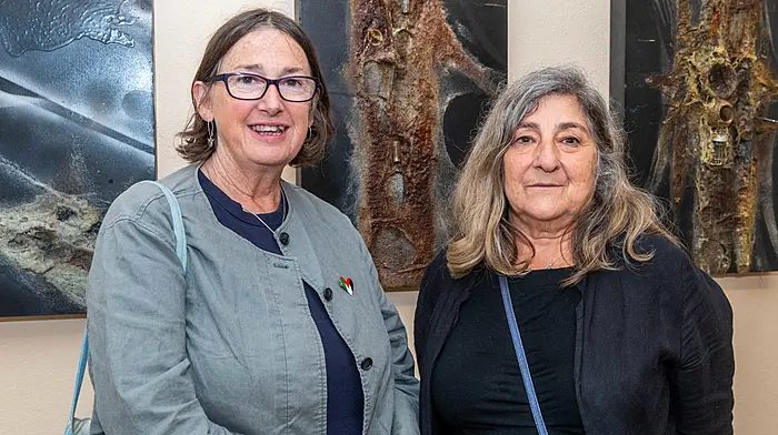 Trish Lavelle (Castlehaven) and Jacqueline Kilbryde (Ballydehob) visiting the art exhibition ‘Impulsive Transients’ by the late Emma O’Bong which opened at CECAS last Thursday. Emma died from a heart attack in September 2025, but her husband Michael Prime and daughter Isabelle Prime decided to show off Emma's work as a retrospective.  (Photo: Andy Gibson)