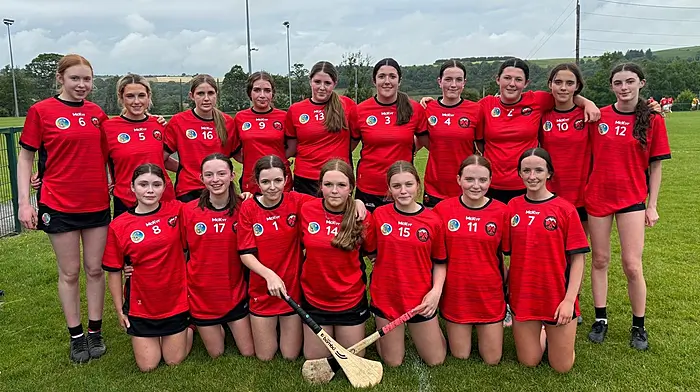 The Ballinascarthy U16 camogie team. Back: Sinéad Walsh, Meabhdh Collins, Nicole Prochniak, Emily Walsh, Kate Donegan, Rachel Buttimer, Aideen Murphy, Leah Buttimer, Ayla Bishop and Ruby McCarthy. Front: Odette O'Donovan Forsey, Claire Higgins, Éala Pattwell, Sarah Walsh, Beth Jordan, Aisling Kingston and Fíadh Pattwell.