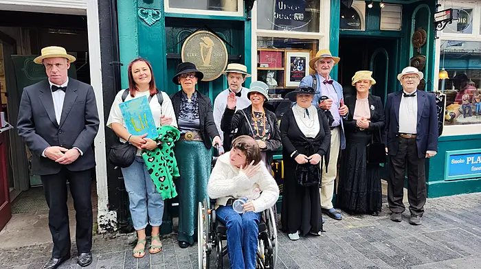 The annual Blooms Day gathering was held in Clonakilty recently to celebrate the novel Ulysses by James Joyce. The author's grandnephew, Philip Joyce, was accompanied by staff and residents of Horizons (formerly Cope Foundation) and a number of Joycean friends, where they visited Clonakilty Post Office, Clonakilty Library, O’Donovan’s Hotel and DeBarra’s Folk Club.