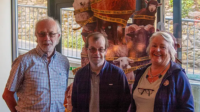 Saturday 20 Jun 2026, Bantry, West Cork, Ireland; Rhab Care staff and clients held a fundraiseing film showing in Bantry Cinema in aid of Beara Animal Sanctuary and the Stand For Feile Fund. Gerry and Irene O'Driscoll with Their son Michael at the event. Photo Evan Doak