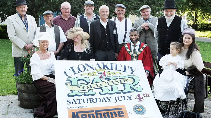 At the launch of the Clonakilty Old Time Fair were, seated from left, Roni Coomey, Jenny McNamara, mayor of Clonakilty Yousuf Janab Ali and Eva and Réidín Blackwell. Back: Jimmy O'Regan, Pad Joe O'Donovan, Gerard O'Driscoll, David Daly, Noel Lynch, Noel Walsh, JJ Walsh and Bobby Blackwell.   (Photo: Paddy Feen)