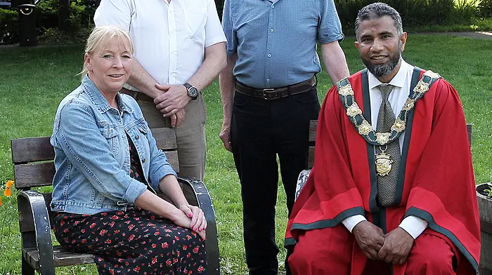 At the launch of the 2026 South of Ireland Band Championships were, seated, Kathleen Russell, secretary with the mayor of Clonakilty Yousuf Janab Ali. Back: Gerald O'Driscoll, chairman with Michael Kenneally, IT Consultant.  (Photo: Paddy Feen)