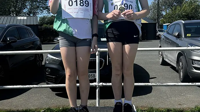 Eight-year-old twin sisters Cora and Isla Deasy won first place in the pairs race at the Munster track and field event in Waterford in May. They went on to represent the Doheny Athletic Club at the national juvenile children’s team games in Tullamore last Sunday where they placed 5th in Ireland.