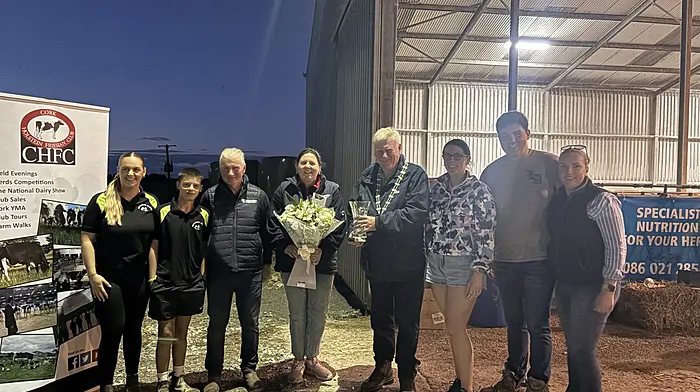 Sinéad O’Sullivan, Gearóid Long, David O’Sullivan, Emma O’Sullivan, John Kirby (club president), Amy O’Sullivan, Cathal O’Sullivan and Stacey O’Sullivan at the Cork Holstein Friesian Club outing.