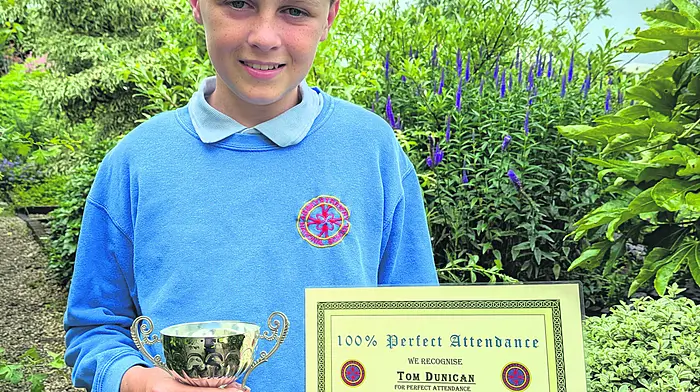 Tom Dunican, Drimoleague, with his award for perfect attendance at Abbeystrewry National School from September 2018 to June 2026.