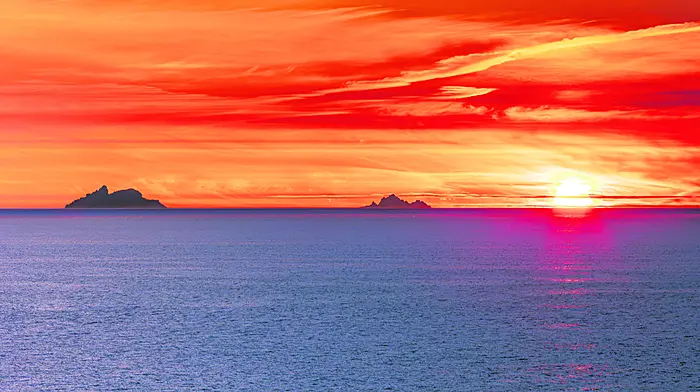Sunset over the Skellig Islands taken from Dursey on the Beara Peninsula.  (Photo: Anne Marie Cronin)