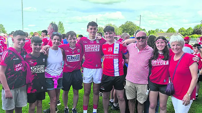 Celebrating  in Newbridge last Sunday at the Cork minors All-Ireland final against Tyrone were cousins Macdara O'Mahony, Kevin O'Mahony, Hilda O'Mahony, Darragh McSweeney, Donncha O'Mahony, Ronan McSweeney, Conor McSweeney, Rióna O'Mahony and Eleanor O'Mahony.
