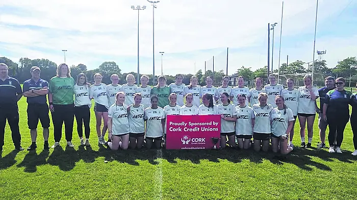 The Ilen Rovers junior ladies and management who beat St Colmans in the league D6 final played in MTU last Sunday on a full time score of Ilen 6-17 versus St Colmans 1-13. Back: Dwane O'Driscoll and John O'Driscoll (mentors), Sanne Connolly, Maria Connolly, Lucy O'Driscoll, Mia Crowley, Mary Bushe, Clare Collins, Siobhan Hickey, Saoirse Harte Leonard, Ava Murphy, Meg Walsh, Saorla Carey, Aisling Whooley, Anna Hurley, Sarah Connolly, Alice Bushe, Carla O'Regan, Padraig Kiely, Eilish Murphy and Josephine Carey (mentors). Front: Alannah O'Driscoll, Eimear Carey, Tiana Osage Crosby, Emma Hurley, Leah Carey, Daisy Griffiths, Maebh Collins, Anna Collins, Keelin Murphy and Aoife O'Driscoll.