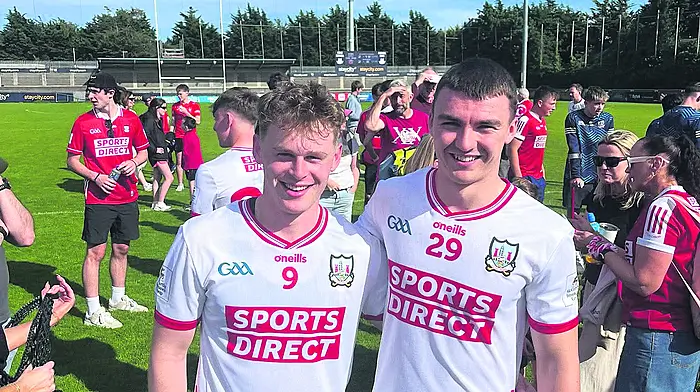 Conrad Murphy and Riley O'Donovan in a jubilant mood after Cork's great win in the All-Ireland minor football final at Newbridge last Sunday.