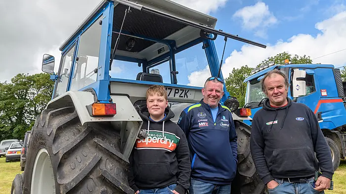 Eoin Doolin, Maurice Collins and Richard Doolan (all Rosscarbery) at the Lyre tractor, car, truck and motorcycle run which was in aid of Knockskeagh National School, West Cork Rapid Response and Clonakilty Hospital.Picture: David Patterson, Tractor Run - Cork