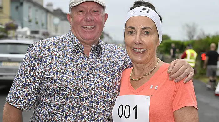 Courtmacsherry's Mark Gannon wth his wife Trish prior to the start of the Courtmacsherry 10km road race last weekend. Photo: Martin Walsh.