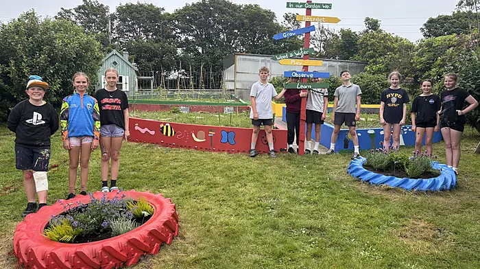 Rath National School’s 5th class pupils, Stephen O’ Mahony, Ella Keane, Edie Reilly, Hugo O’ Driscoll, Sebastian O’ Regan, Jimmy McDonagh, Cathal Ronan, Rathnaid Whooley, Hannah Sheehy and Róisín McDermott, displaying some of their handiwork in the school garden.