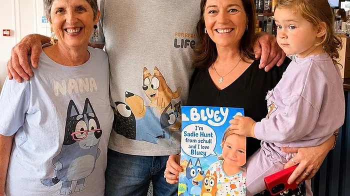 A suprise meet and greet was held in Schull Harbour hotel, where children got to meet  the popular Bluey characters. (From left) Nana Heeler, Grandpa Mort, Cllr Caroline Cronin and Sadie Hunt.