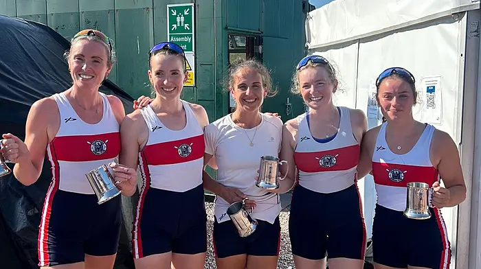 Skibbereen rowers who were part of the victorious women's senior eight; from left, Aisling Hayes, Emily Hegarty, Orla Hayes (cox), Aoife Casey and Aoife Hendy.