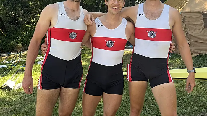 It was a Skibbereen one-two-three in the men's single scull; from left, Kealan Mannix (second), Fintan McCarthy (winner) and Finn O'Reilly (third).
