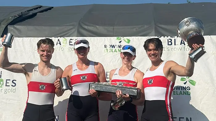 Skibbereen's senior men's double sculls winners Jake and Fintan McCarthy with the club's senior women's double scull winners, Aisling Hayes and Emily Hegarty.