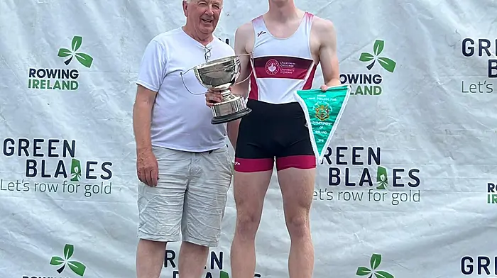 Skibbereen's Dominic Casey, racing for NUIG, won two titles at the nationals – the men’s intermediate coxed 4+ and the lightweight men’s single scull that his dad Dominic (pictured) also won in 1987 and 1988.