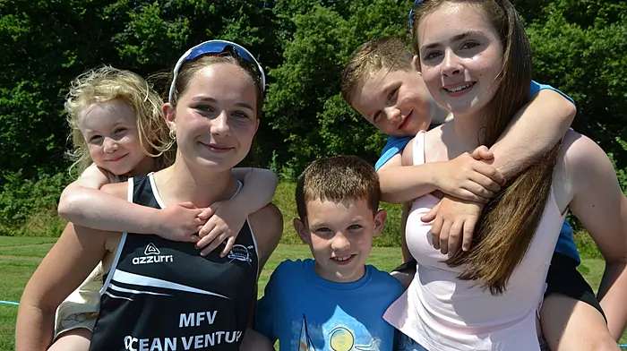 Harper O'Driscoll and Katie O'Sullivan with Riley, Rocco and Reed Minihane all from Castletownbere enjoying their day out at Castletownshend Regatta. Photo; Anne Minihane.