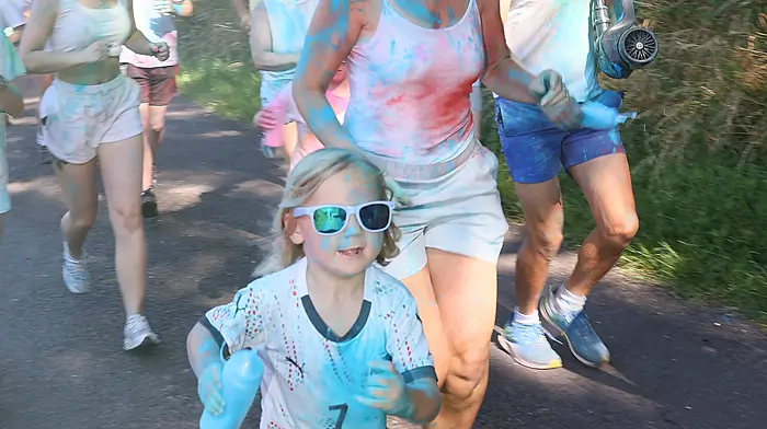 Pictured at the Bandon Festival Colour Run held on the Quay road are from left Noah Cross, Serena Cross and Dominic Niedziella providing the back up scooter.