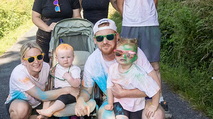 Pictured at the Bandon Festival Colour Run held on the Quay road are back left: Aife Downing, Ciara Crowley, Brian O'Driscoll. Front Left: Lisa Crowley, Evie Payne, Roy Payne and Saoirse Payne.