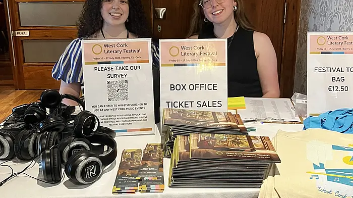 Karis O’Mahony and Ava O’Hare welcoming everyone to this year’s first evening event at the Maritime Hotel during the West Cork Literary Festival.