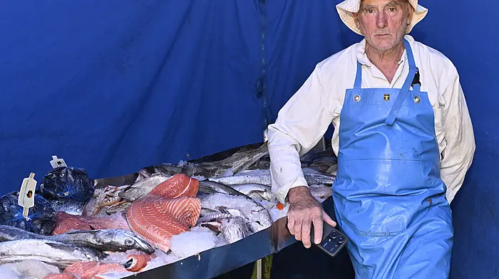 Fishmonger Alan Hassett from Castlehaven staying cool at the Friday markert in Clonakilty. Photo: Martin Walsh.