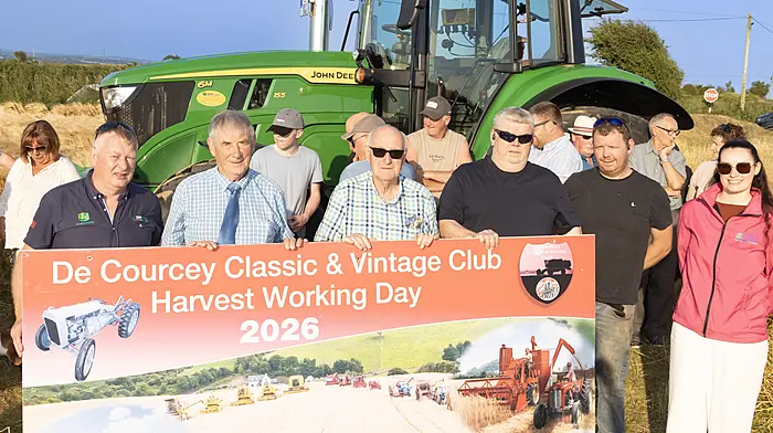 Pictured at the launch of this years De Courcey Classic & Vintage Club Harvest Working Day are Jim O'Mahoney who will recieving some of the money raised at this event for the Autism Day Care Centre in Dunmanway, Neilly O'Leary representing Cancer Connect who are also beneficaries of this event, Edward Draper, Kieran and Niall Crowley who are land owners facilitating the event and Sinead Keohane from Cancer Connect.
