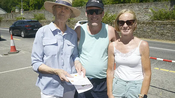 NEWS 12/7/2026 Pictured enjoying the sunshine at the gardens and Galleries festival at Innishannon was Claire Howe, Patrick Healy and Kathlean O'Mahony. Picture Denis Boyle