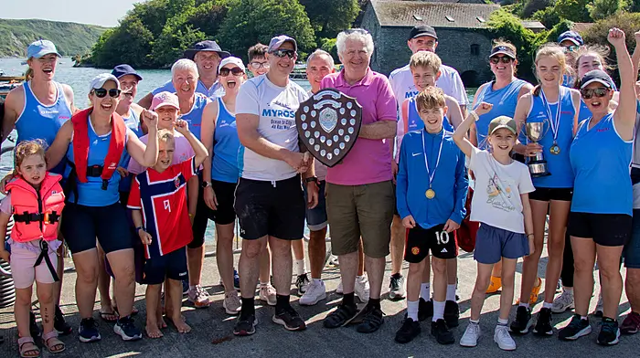 July 12th, 2026, Castletownshend.The Castletownshend Rowing Regatta took place today under blazing sunshine, despite the heat and intense competition the Myross Rowing Club came away with winning the club of the day.Here South West Cork Yawl Rowing Association Chairman Michael Walsh presenting the Shield to club captain Damien Deasy, in front of all the crews and supporters.Credit: Andrew Harris.