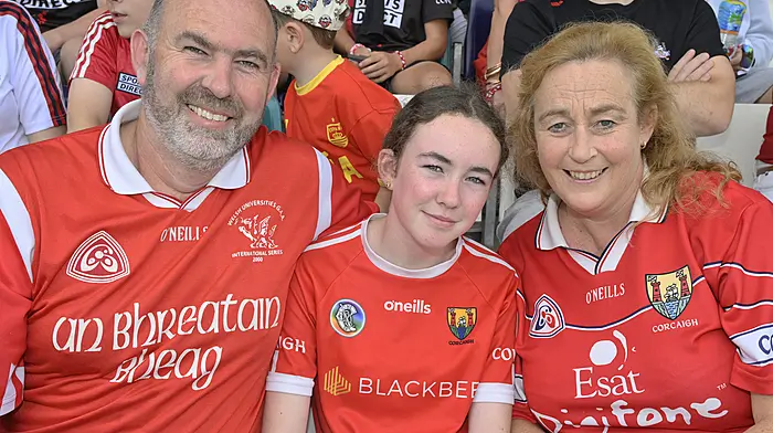 Newcestown's Humphrey, Dervala and Coirla Desmond at the recent Electric Ireland All-Ireland Minor Football Championship final in Newbridge.  Photo: Martin Walsh.