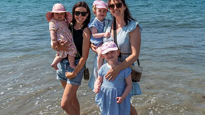 Owenahincha, West Cork, Ireland. 9th Jul, 2026. On a warm and sunny day in West Cork, with temperatures reaching 21°C, people enjoyed a day at the beach. Cooling off in the sea were Aisling & Trish Sheehan, Union Hall and Kathleen; Ellie & Katie O'Neill from Skibbereen. Picture: Andy Gibson.