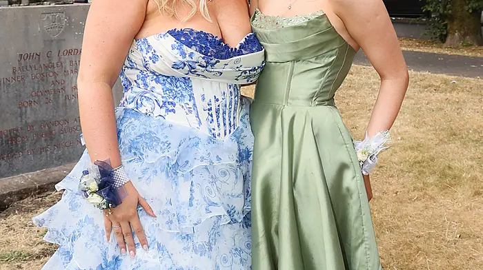 Pictured attending the Dunmanway Debs mkaing a stop at the Shambles in Bandon are Emily Collins and Molly O'Brien.  Pic Donie Hurley.