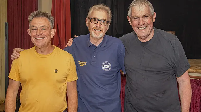 Founder of the Fit-Up Theatre, Geoff Gould with stage manager Kevin McIntyre and actor Seamus O’Rourke at the adaptation of John B Keane’s ‘Love Hungry Farmer’ at Ballydehob Community Hall.