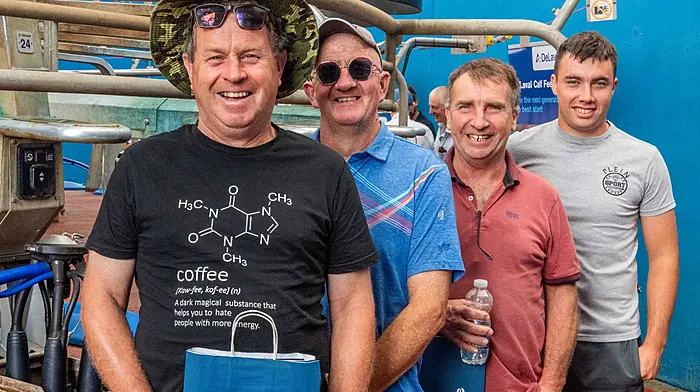 Lawrence Sexton and John Hallissey from Kilbrittain with John and Fergal Walsh from Timoleague at the rotary milking parlour open day which was held by Tom Harte Farm Services on the farm of Denis and Claire White. (Photo: Andy Gibson)