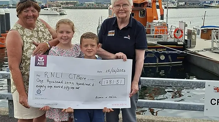 Rosarie O’Neill with her grandchildren Chloe and Aidan making a presentation to the RNLI fundraising secretary Anne Finch.  Rosarie of Dursey Cottage raised €1781.51 for Castletownbere RNLI Lifeboat at the Dursey Island Festival in June. Rosarie offered complimentary teas, coffees and home baking with donations in lieu of the Lifeboat.