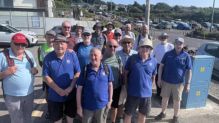 Clonakilty Men’s Shed members at Baltimore Harbour on their return from an enjoyable day out to Cape Clear.