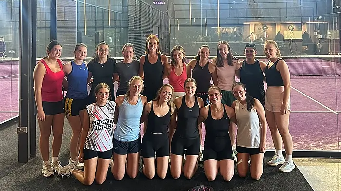 The Ballinascarthy camogie team at the bonding padel morning in Cork. Back: Rachel Buttimer, Ciara Heverin, Sinéad McCarthy, Michelle O'Driscoll, Kaela O'Driscoll, Katelyn O'Neill, Annie Condon, Rachel Cahalane, Lisa McCarthy and Ella Cahalane. Front: Emily Walsh, Síofra Pattwell, Orlaith Dee, Aoibhín Ryan, Moira Barrett and Clara Crowley.