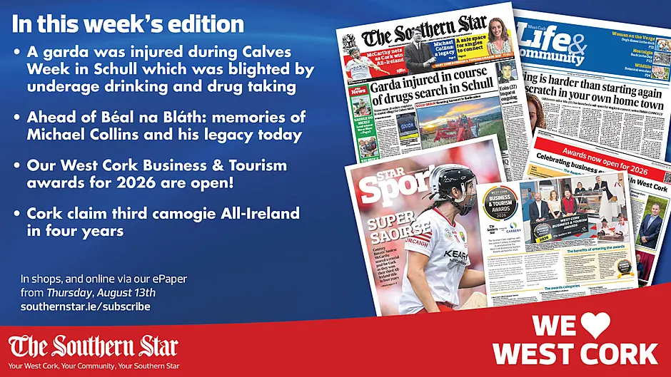 THE SOUTHERN STAR IS IN STORES NOW: A garda was injured during Calves Week in Schull which was blighted by underage drinking and drug taking; Michael Collins' legacy; Cork claim third camogie All-Ireland in four years Image