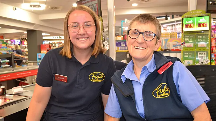 Saoirse Lucey and Christine Cronin took a quick break from work at Field's of Skibbereen to smile for the camera last Saturday morning. Photo; Anne Minihane.
