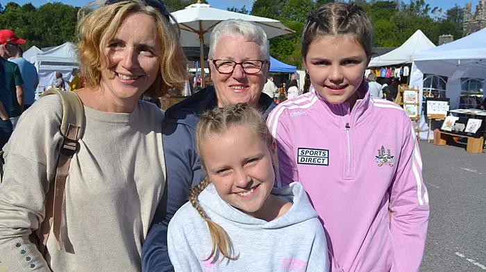 Out and about in the sunshine at Skibbereen's Farmers Market last Saturday were Siobhan Ronan, Margaret O'Brien, Saoirse Harris and Evie Stone. Photo; Anne Minihane.